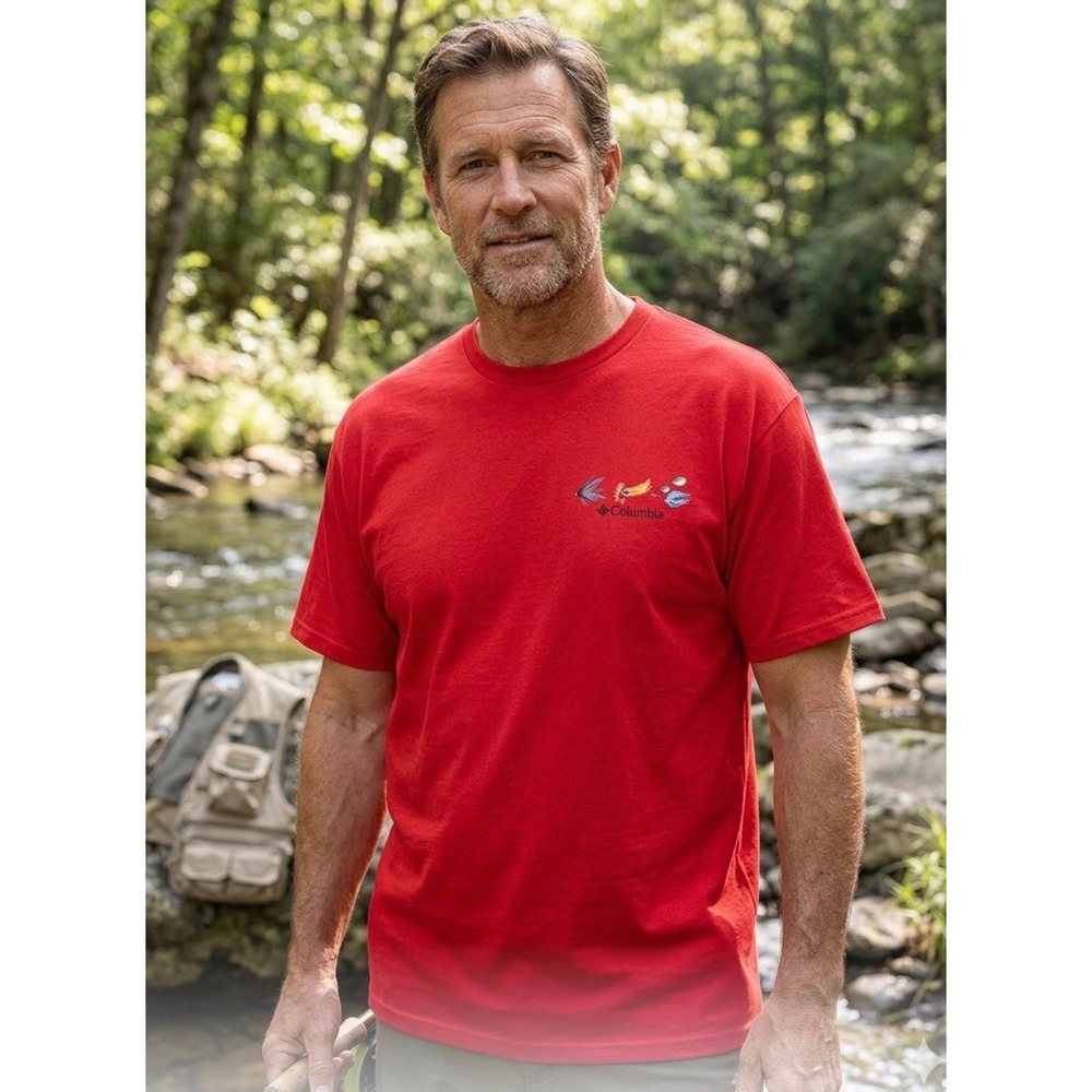 Columbia Mens Red Periodic Table of Fish Lures Flies Graphic T-Shirt XL